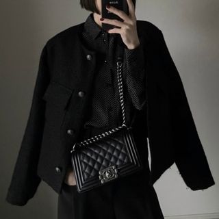 まお様専用ok soontweed jacket blackツイードジャケット(ノーカラージャケット)