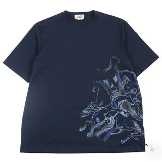 エルメス(Hermes)の未使用品●HERMES エルメス 2022年製 ホースプリント クルーネック 半袖Ｔシャツ カットソー ブルー XL イタリア製 メンズ(Tシャツ/カットソー(半袖/袖なし))