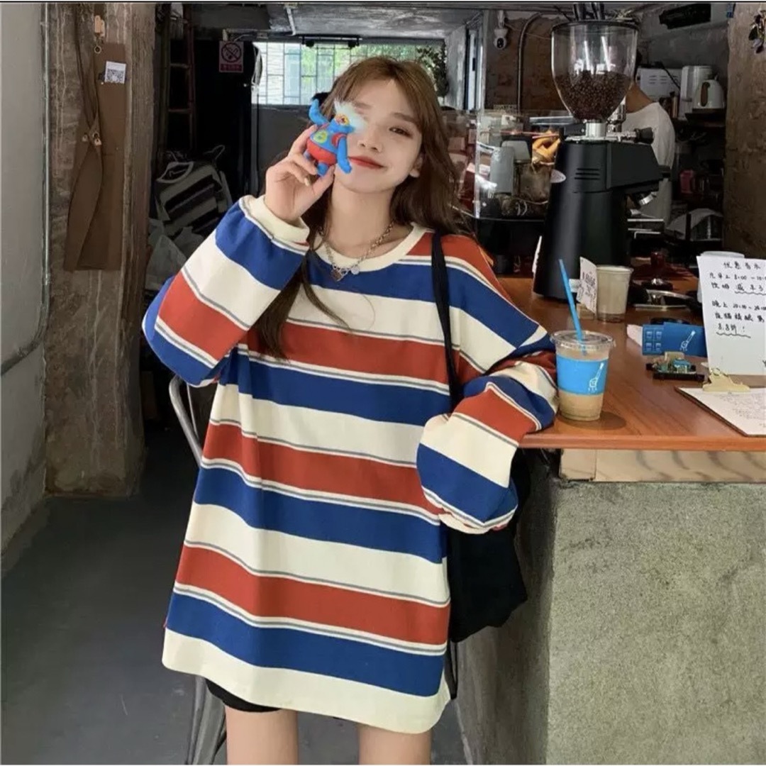 新品　ボーダーカットソー 長袖 オーバーサイズ XL 韓国 レディース レディースのトップス(Tシャツ(長袖/七分))の商品写真