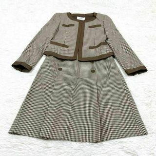 クレージュ(Courreges)のクレージュ セットアップ ノーカラー スカート 千鳥柄 ブラウン ウール シルク(スーツ)