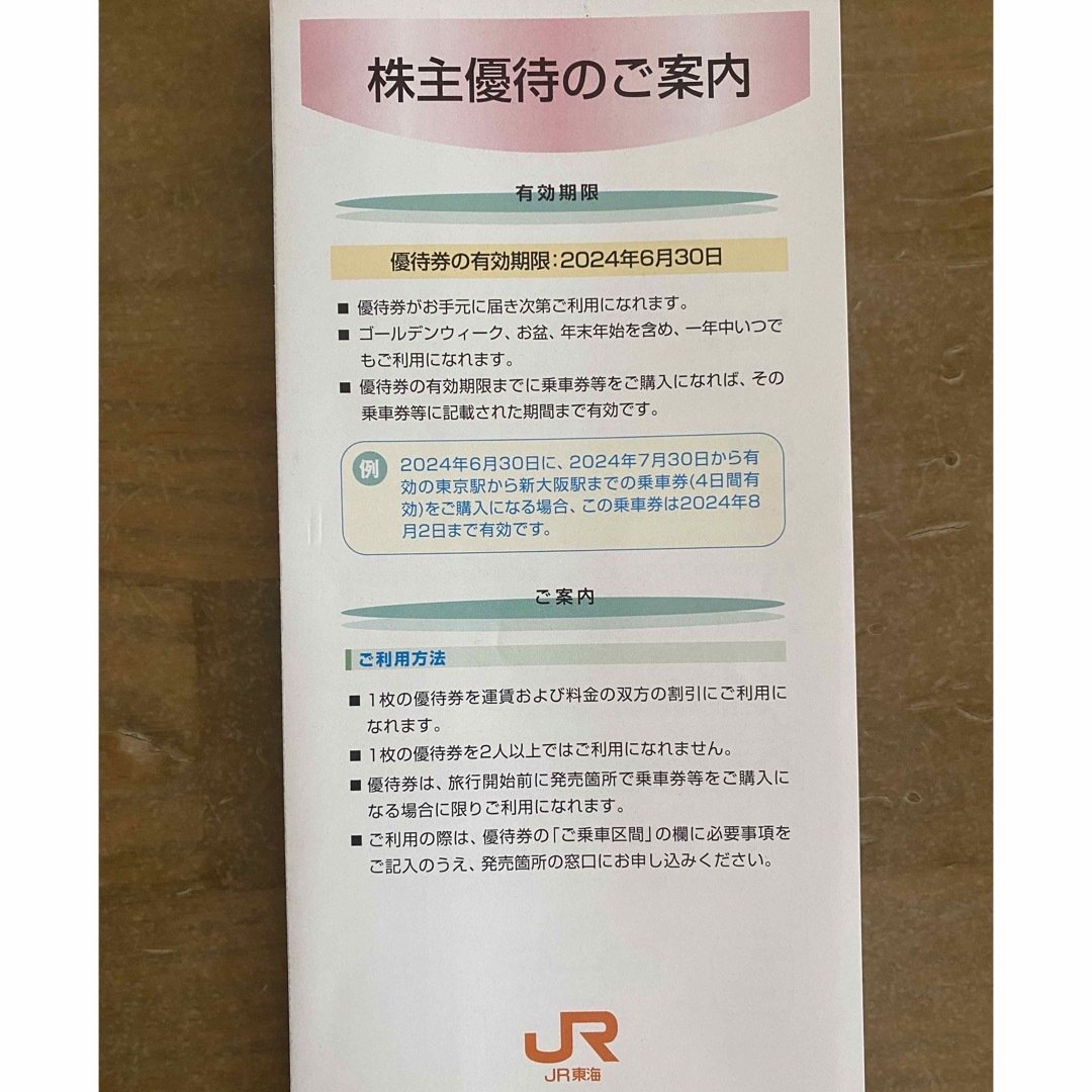 JR(ジェイアール)のＪＲ東海 株主優待割引券 １枚【値下げしました】 チケットの乗車券/交通券(鉄道乗車券)の商品写真