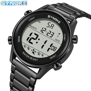 新品 SYNOKEスポーツデジタルストップウォッチ メンズ腕時計 メタルブラック(腕時計(デジタル))
