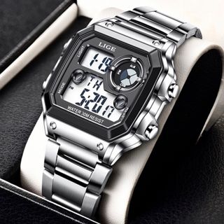新品 LIGE スポーツオマージュデジタルウォッチ メンズ腕時計ブラックシルバー(腕時計(デジタル))