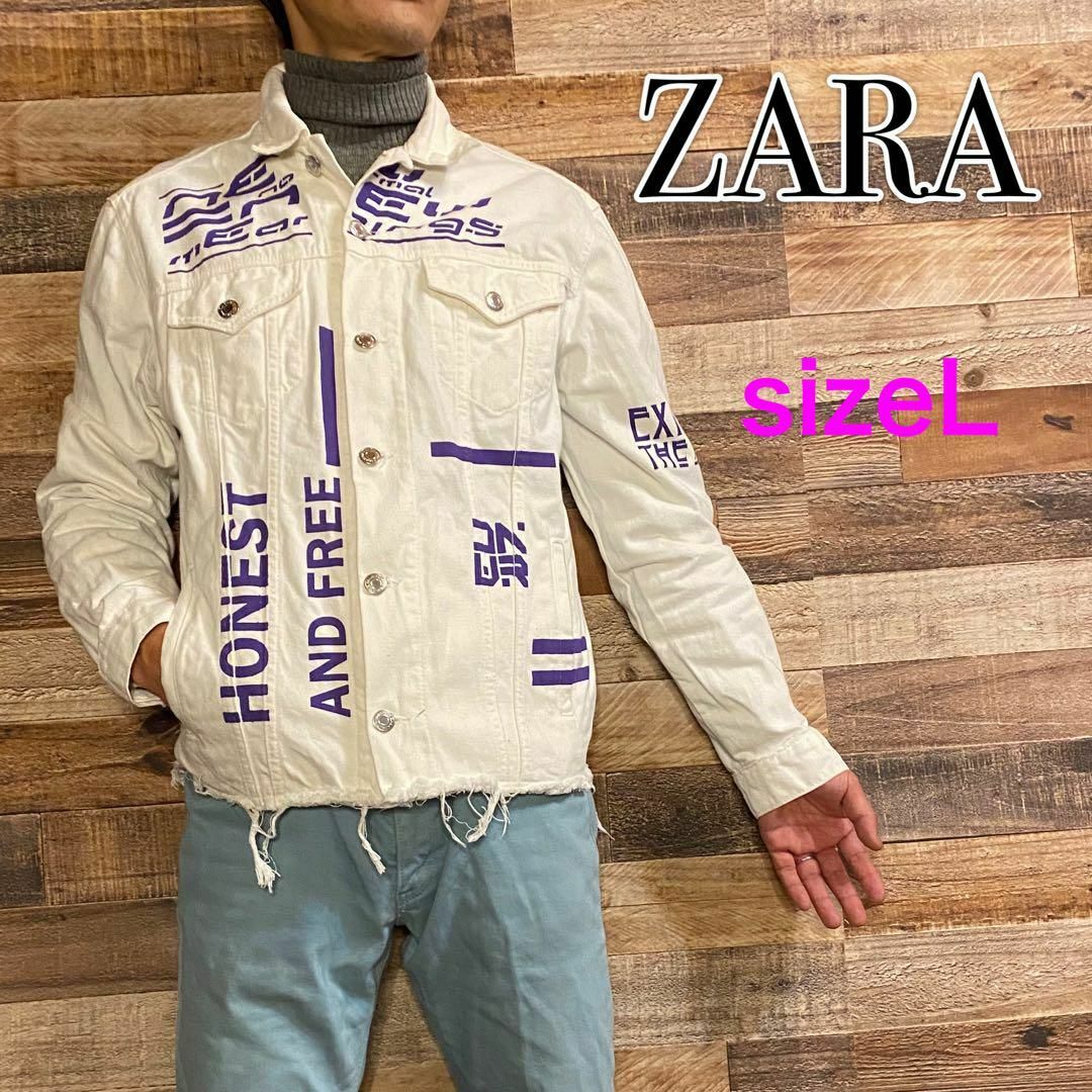 ZARA(ザラ)のZARA PRINTED DENIM JACKET プリント　ジージャンメンズL メンズのジャケット/アウター(Gジャン/デニムジャケット)の商品写真