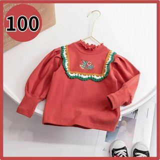 春服 キッズ 女の子 トップス 100 スクエアフリル 花柄刺繍 オレンジ(Tシャツ/カットソー)