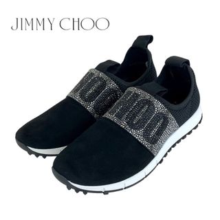 ジミーチュウ(JIMMY CHOO)の未使用 ジミーチュウ JIMMY CHOO スニーカー 靴 シューズ ラインストーン ロゴ スエード ファブリック ブラック 黒(スニーカー)