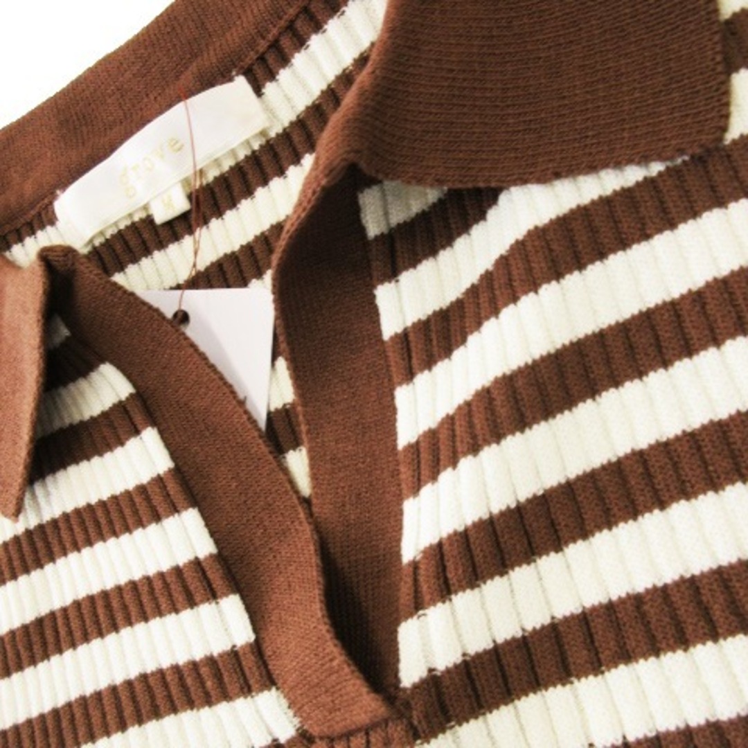 grove(グローブ)のグローブ ポロシャツ リブ 五分袖 ストレッチ さっくり ボーダー M 茶 レディースのトップス(ポロシャツ)の商品写真