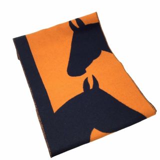 エルメス(Hermes)のHERMES　エルメス　ホース　マフラー　カシミヤマフラー　ストール　オレンジ　ネイビー　紺色　馬柄　馬　小物　ファッション　レディース　メンズ　ユニセックス(マフラー/ショール)