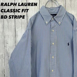 ラルフローレン(Ralph Lauren)の【人気】ラルフローレン　ホース刺繍ロゴストライプBDシャツ　サイズM相当ブルー白(シャツ)