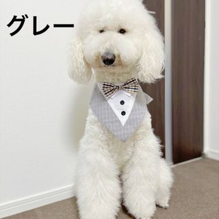 【ペット用】大型犬 中型犬用 可愛い 蝶ネクタイ風 エプロン チェック柄　グレー(ペット服/アクセサリー)