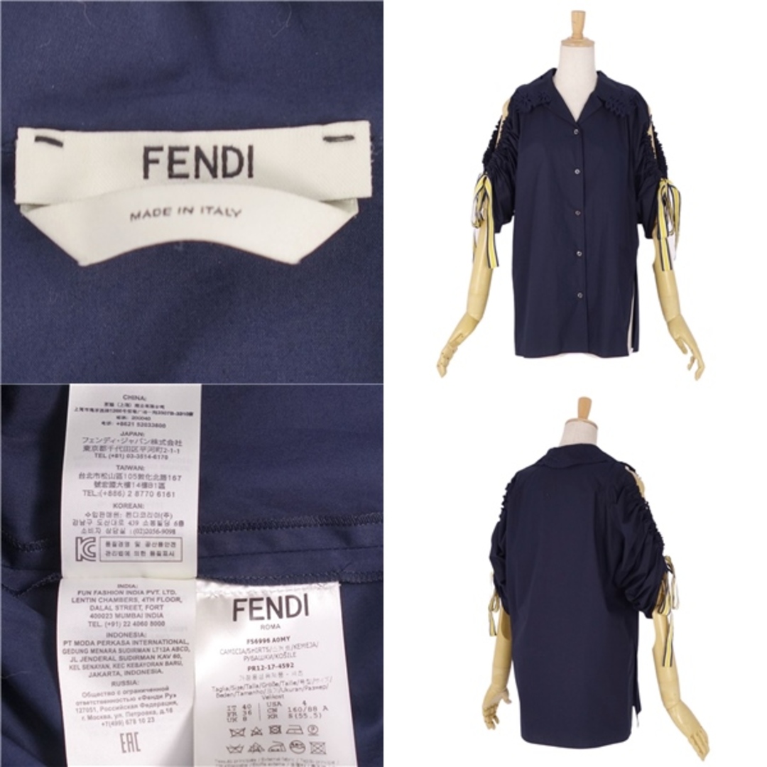 FENDI(フェンディ)の美品 フェンディ FENDI シャツ ブラウス 半袖 ショートスリーブ リボン レース コットン トップス レディース 40(M相当) ネイビー レディースのトップス(シャツ/ブラウス(半袖/袖なし))の商品写真