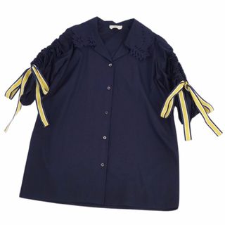 FENDI - 美品 フェンディ FENDI シャツ ブラウス 半袖 ショートスリーブ リボン レース コットン トップス レディース 40(M相当) ネイビー