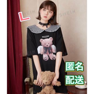 L 量産型 ブラック Tシャツ  地雷 くま シンプル かわいい 部屋着 (Tシャツ(半袖/袖なし))