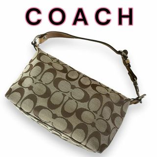 コーチ(COACH)の美品　COACH　コーチ　アクセサリーポーチ　ミニバッグ　シグネチャー　ブラウン(ハンドバッグ)