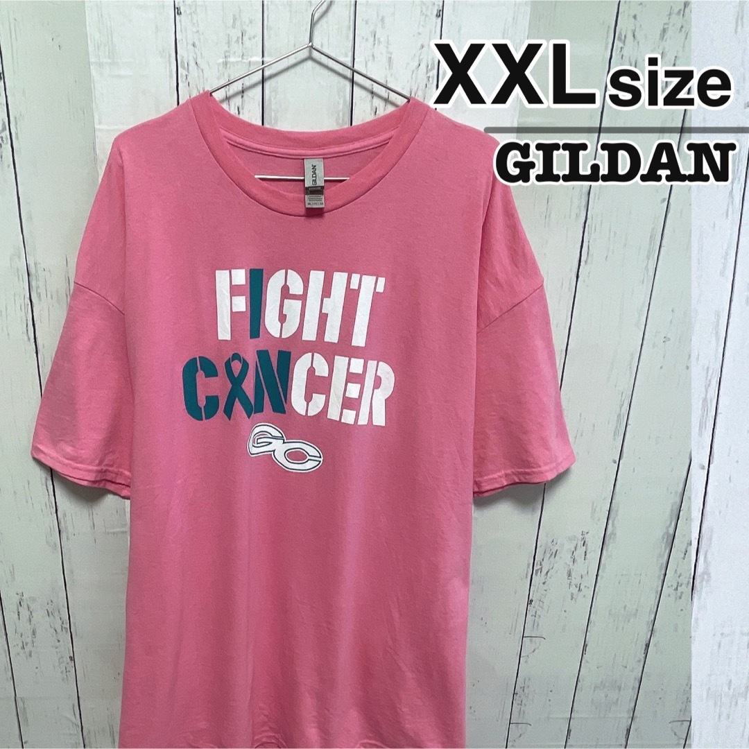 GILDAN(ギルタン)のUSA古着　GILDAN　Tシャツ　XXL　ピンク　プリント　ロゴ　クルーネック メンズのトップス(Tシャツ/カットソー(半袖/袖なし))の商品写真