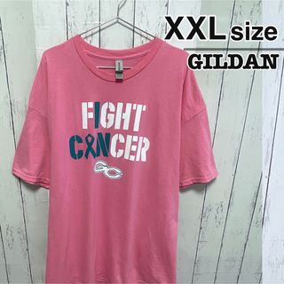 ギルタン(GILDAN)のUSA古着　GILDAN　Tシャツ　XXL　ピンク　プリント　ロゴ　クルーネック(Tシャツ/カットソー(半袖/袖なし))