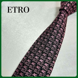 エトロ(ETRO)の【未使用に近い】エトロ スリムネクタイ イタリア製 ロゴ総柄 シルク ETRO(ネクタイ)