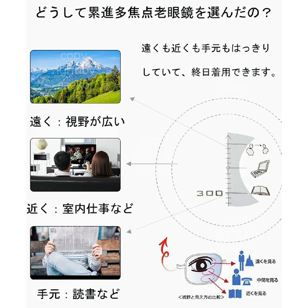 遠近両用老眼鏡+200(2.0)■ローズゴールド■累進多焦点レンズ ■紫外線カッ レディースのファッション小物(サングラス/メガネ)の商品写真