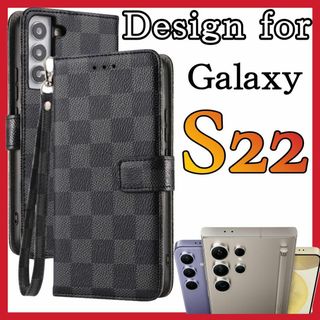 Samsung Galaxy S22ケース手帳型　黒色　チェック柄 PUレザー(Androidケース)