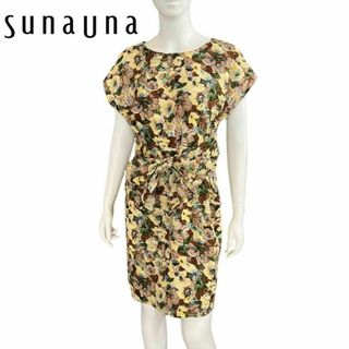 美品 ☆ SunaUna スーナウーナ 花柄 上品 ウエストリボン ワンピース(ひざ丈ワンピース)