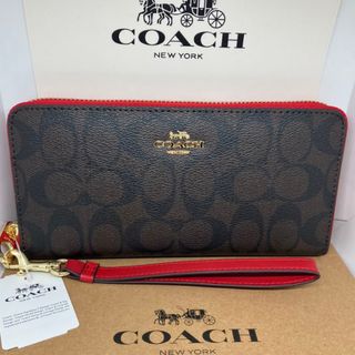 コーチ(COACH)の新品　コーチ　長財布　シグネチャー　レッド　ラウンドファスナー　小銭入れ有(財布)