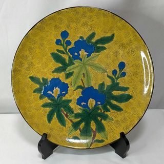 古九谷 青九谷 花文大皿 34㎝ 角福 古美術品 蔵出品 飾皿 青手草花文大皿(陶芸)