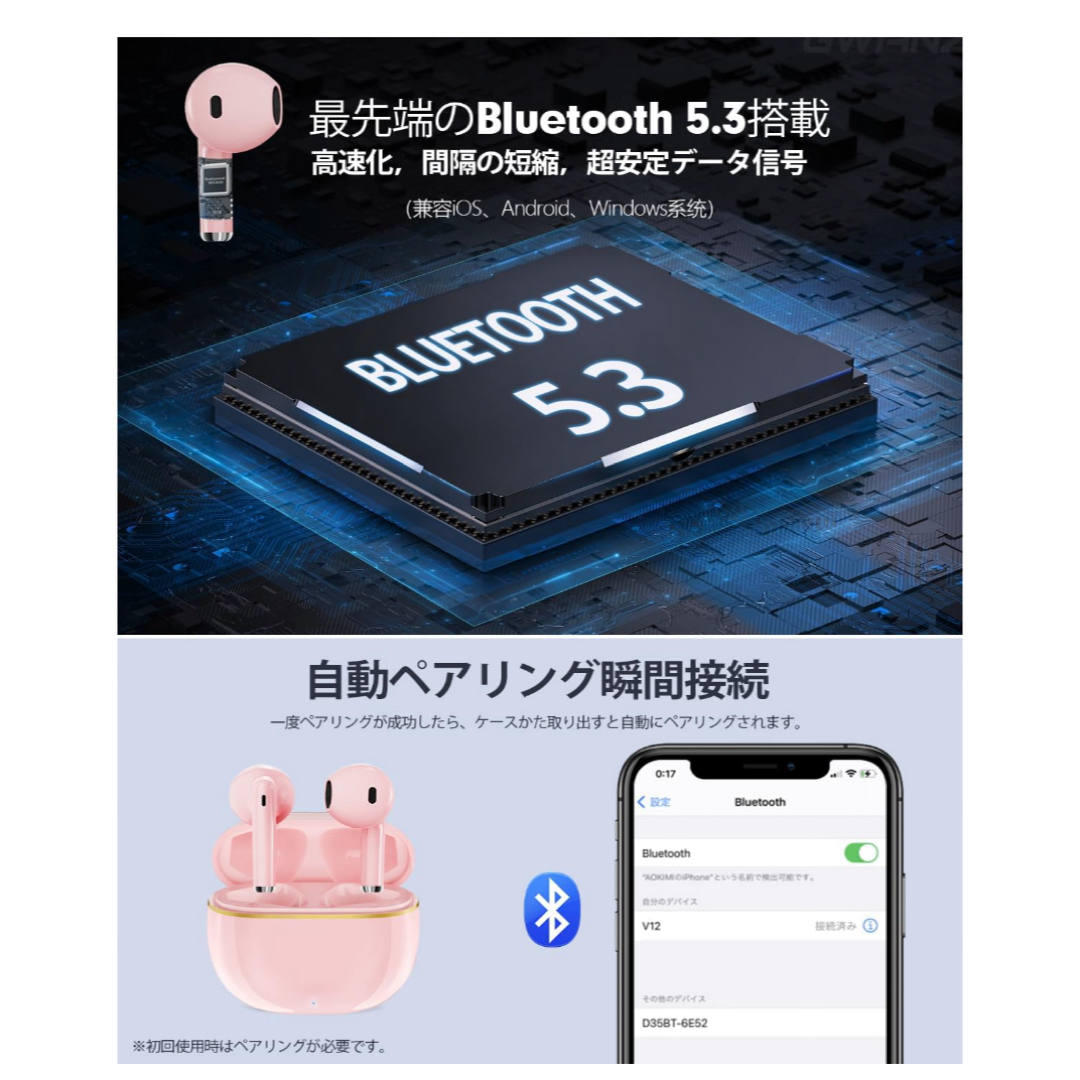 2024新型 Bluetooth5.3ワイヤレスイヤホン IPX7防水(ピンク) スマホ/家電/カメラのオーディオ機器(ヘッドフォン/イヤフォン)の商品写真
