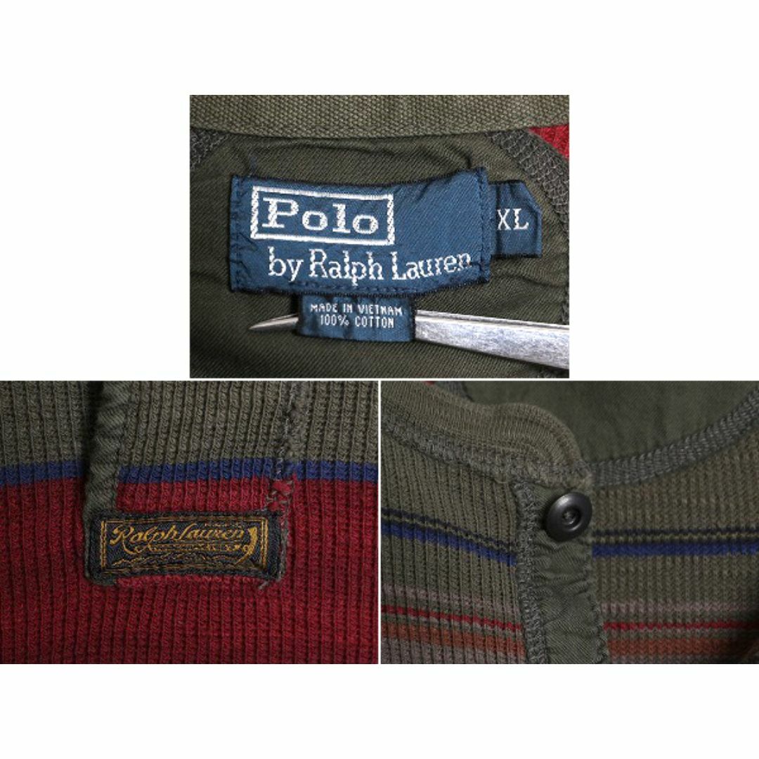 Ralph Lauren(ラルフローレン)の90s ポロ ラルフローレン ヘンリーネック ボーダー 長袖 サーマル Tシャツ メンズ XL / オールド ロンT ワッフル ポニー無し 大きいサイズ メンズのトップス(Tシャツ/カットソー(七分/長袖))の商品写真