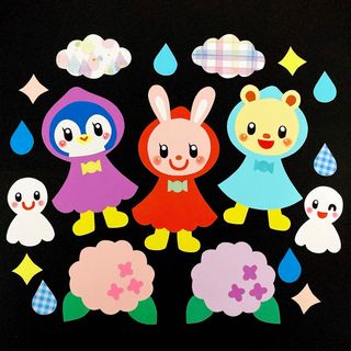 壁面飾り　壁面　梅雨　雨　あじさい　てるてる坊主　あめ　6月　7月　幼稚園(型紙/パターン)