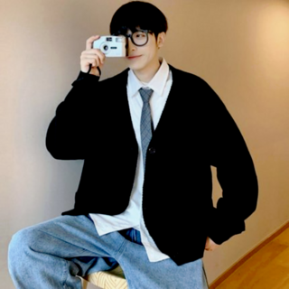 韓国 メンズ ニット カーディガン セーター オーバーサイズ 学生 ブラック(ニット/セーター)