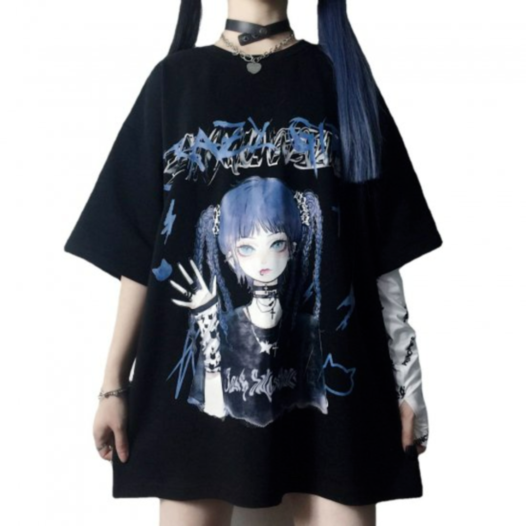 大特価 病みかわ 韓国 パンク 地雷系 原宿系 オーバーサイズ Tシャツ 黒 Tシャツ(半袖+袖なし)