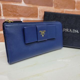 プラダ(PRADA)のPRADA☆鑑定済☆サフィアーノ ネイビー リボン L字 プラダ財布(財布)