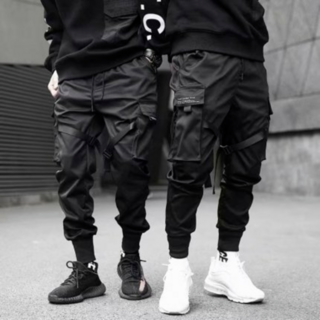 韓国ファッション サイドポケット カーゴパンツ ストリート 黒(ワークパンツ/カーゴパンツ)