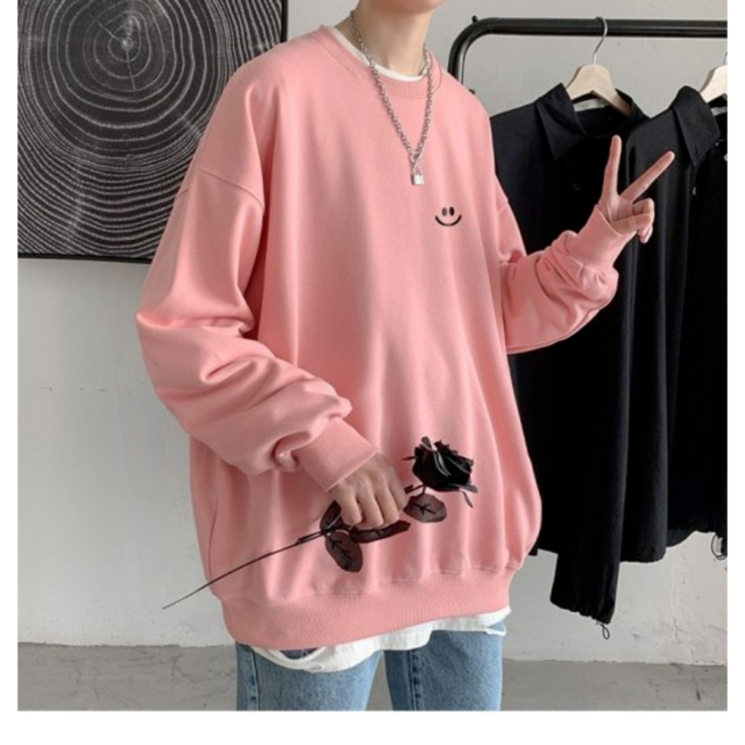 韓国 メンズ 秋冬 ニコちゃん ロゴ スウェット トレーナー 長袖 淡ピンク メンズのトップス(スウェット)の商品写真