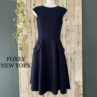 フォクシーニューヨーク(FOXEY NEW YORK)の美品 フォクシー Cattleyaカトレヤ フレア ワンピース ネイビー 38(ひざ丈ワンピース)