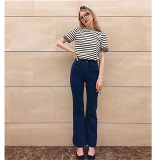 épine - épine high-waist fit bell jeans blue