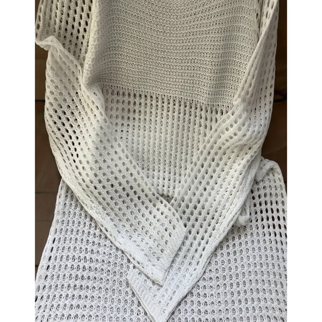 長袖ニットドレス　ワンピース　かぎ針編み　スプリットドレス　 レディースのワンピース(ロングワンピース/マキシワンピース)の商品写真