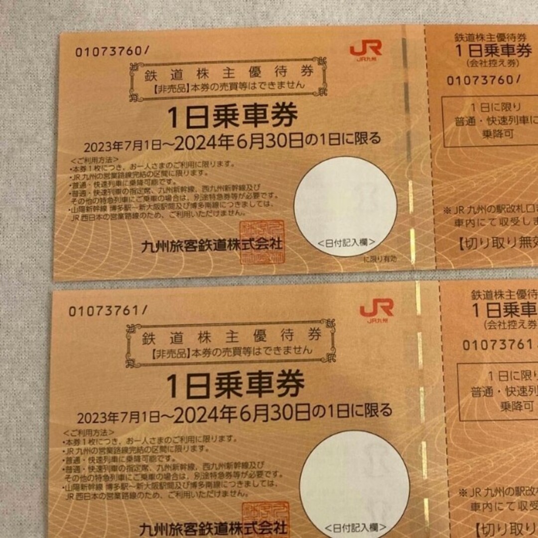ＪＲ九州　株主優待　１日乗車券　2枚 チケットの乗車券/交通券(鉄道乗車券)の商品写真