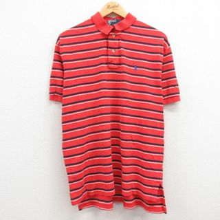 ラルフローレン(Ralph Lauren)のXL★古着 ラルフローレン Ralph Lauren 半袖 ブランド ポロ シャツ メンズ 90年代 90s ワンポイントロゴ 鹿の子 コットン オレンジ系 ボーダー 24apr04 中古 トップス(ポロシャツ)