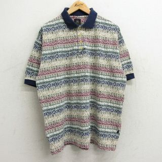 XL★古着 半袖 ポロ シャツ メンズ 00年代 00s 総柄 大きいサイズ コットン 鹿の子 ベージュ他 カーキ 24apr04 中古 トップス(ポロシャツ)