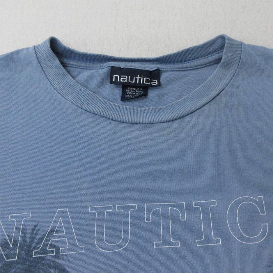 NAUTICA(ノーティカ)のXL★古着 ノーティカ NAUTICA 半袖 ビンテージ ブランド Tシャツ メンズ 90年代 90s ビッグロゴ 車 ヤシの木 大きいサイズ コットン クルーネック USA製 薄紺 ネイビー 24apr04 中古 メンズのトップス(Tシャツ/カットソー(半袖/袖なし))の商品写真