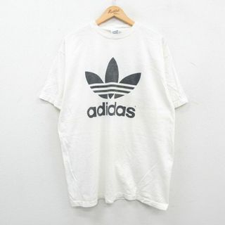 アディダス(adidas)のXL★古着 アディダス adidas 半袖 ビンテージ Tシャツ メンズ 90年代 90s ビッグロゴ リーフ トレフォイル コットン クルーネック USA製 白 ホワイト 【spe】 24apr04 中古(Tシャツ/カットソー(半袖/袖なし))