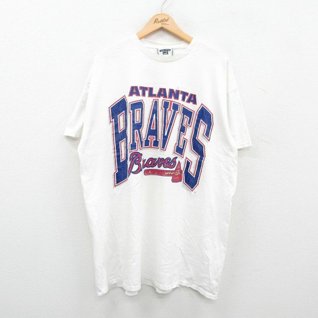 Lee(リー)のXL★古着 リー Lee 半袖 ビンテージ Tシャツ メンズ 90年代 90s MLB アトランタブレーブス 大きいサイズ ロング丈 コットン クルーネック USA製 白 ホワイト 24apr04 中古 メンズのトップス(Tシャツ/カットソー(半袖/袖なし))の商品写真