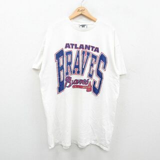 リー(Lee)のXL★古着 リー Lee 半袖 ビンテージ Tシャツ メンズ 90年代 90s MLB アトランタブレーブス 大きいサイズ ロング丈 コットン クルーネック USA製 白 ホワイト 24apr04 中古(Tシャツ/カットソー(半袖/袖なし))