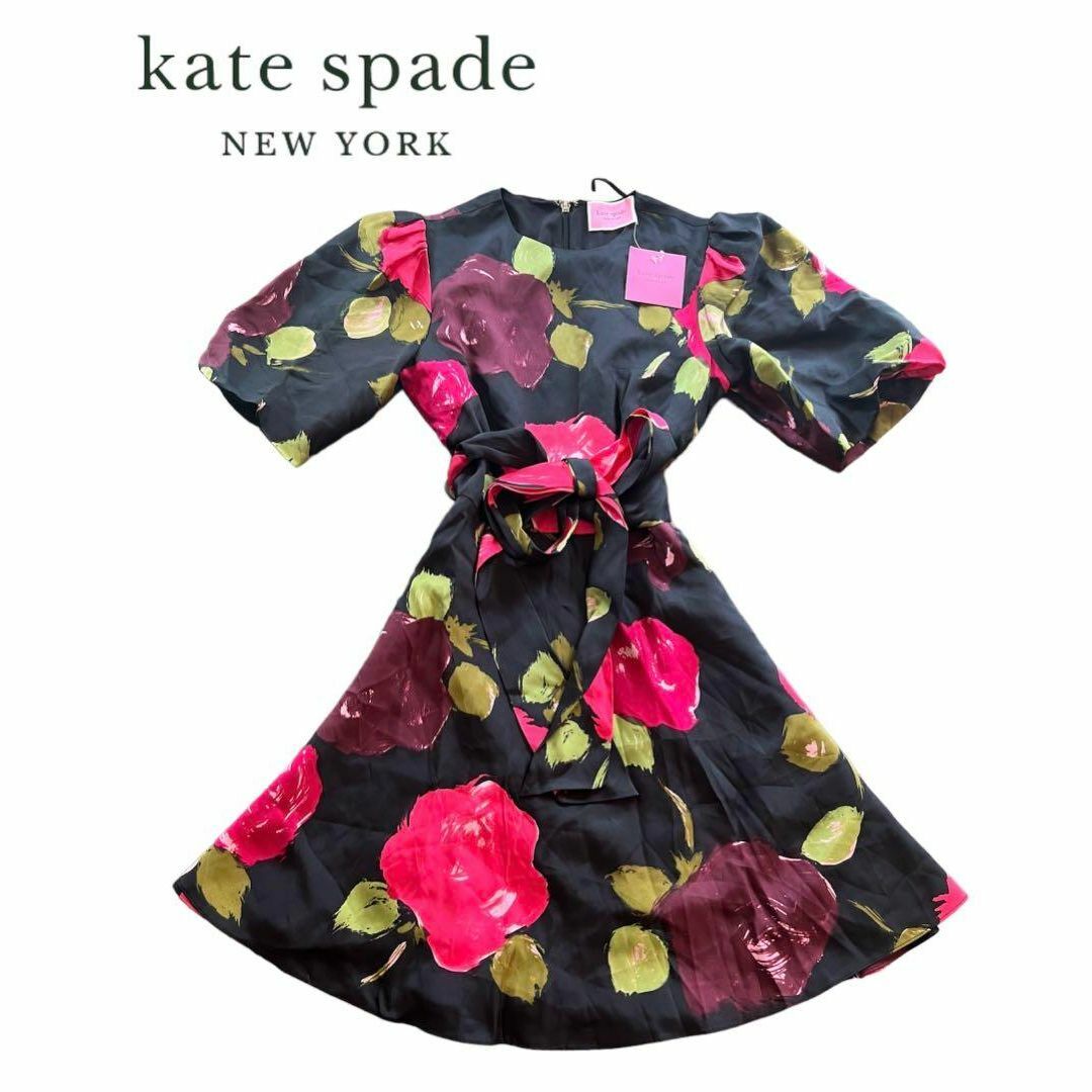 kate spade new york(ケイトスペードニューヨーク)の新品未使用◆ケイトスペードニューヨーク花柄ワンピース パフスリーブ シルク混 0 レディースのワンピース(ひざ丈ワンピース)の商品写真