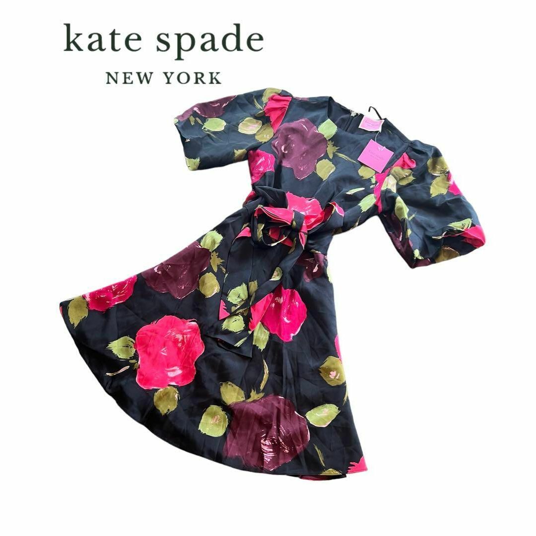 kate spade new york(ケイトスペードニューヨーク)の新品未使用◆ケイトスペードニューヨーク花柄ワンピース パフスリーブ シルク混 0 レディースのワンピース(ひざ丈ワンピース)の商品写真