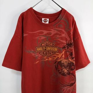 ハーレーダビッドソン(Harley Davidson)の90s　アメリカ製　ハーレーダビッドソン　Tシャツ　半袖　プリント　オレンジ　L(Tシャツ/カットソー(半袖/袖なし))