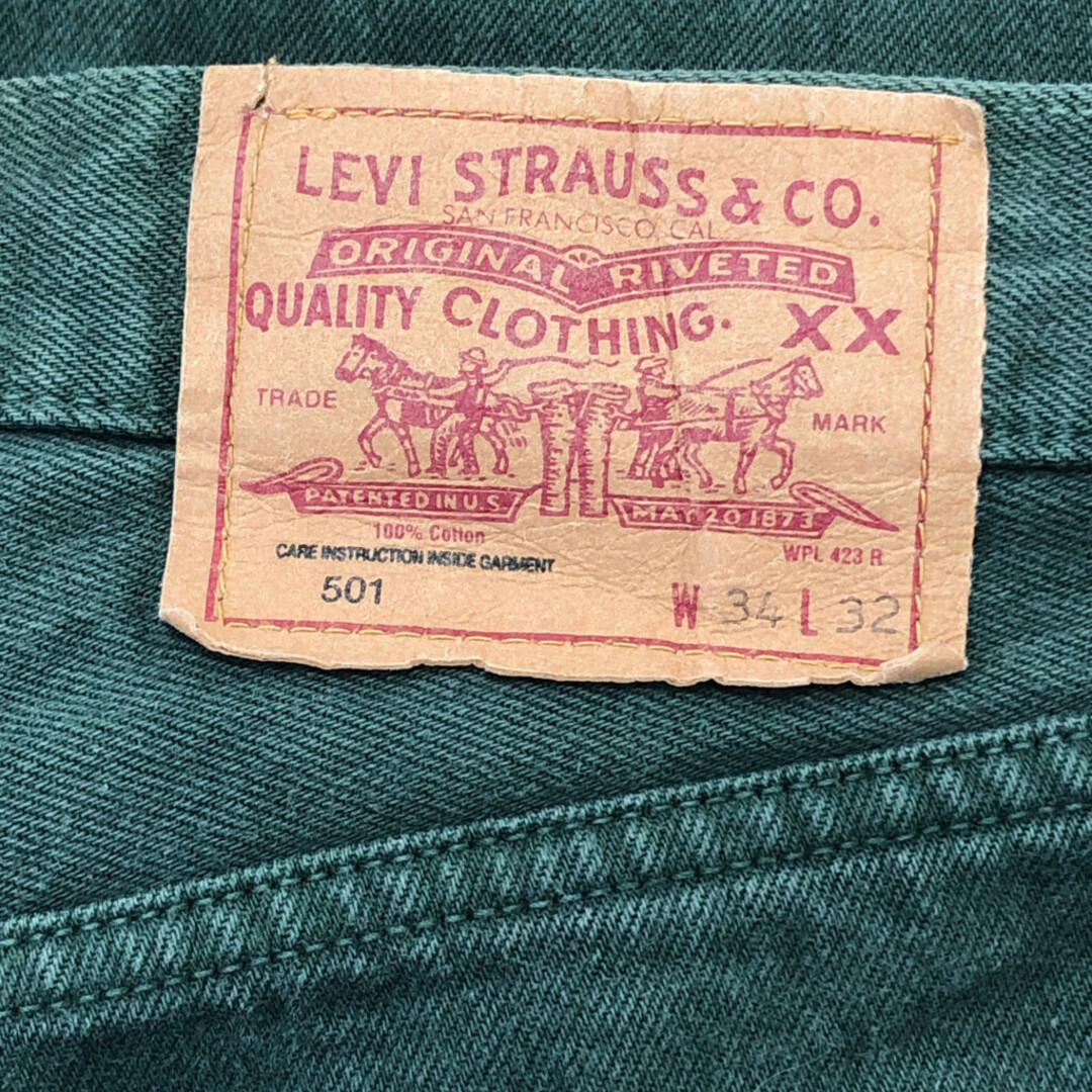 Levi's(リーバイス)の90年代 USA製 Levi's リーバイス 501 カラー デニムパンツ アメカジ グリーン (メンズ W34 L32) 中古 古着 P9795 メンズのパンツ(デニム/ジーンズ)の商品写真