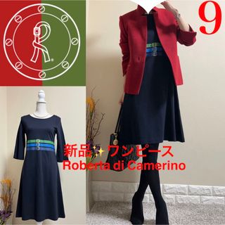 ロベルタディカメリーノ(ROBERTA DI CAMERINO)の新品！ロベルタディカメリーノ  七分袖　騙し絵　ワンピース  濃紺　9 M 通年(ひざ丈ワンピース)