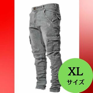 新品 現場服 作業着 カーゴ グレイ ストレッチ スキニー XLデニム パンツ(デニム/ジーンズ)